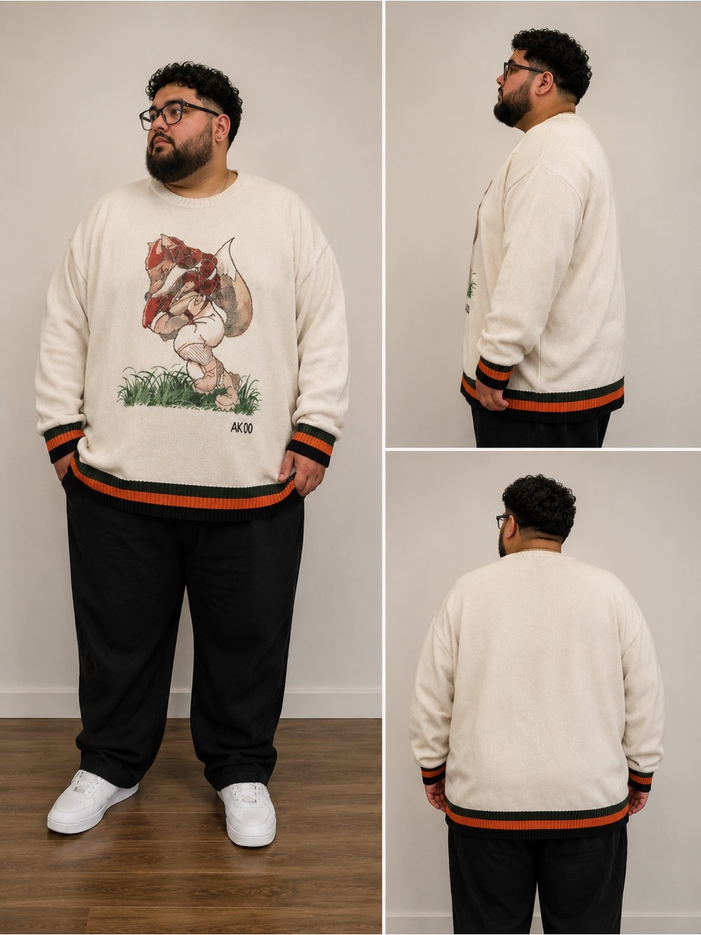 AKOO Whisper White Graphic Football Fox Embroidered Sweater 4XL Y2K Streetwear